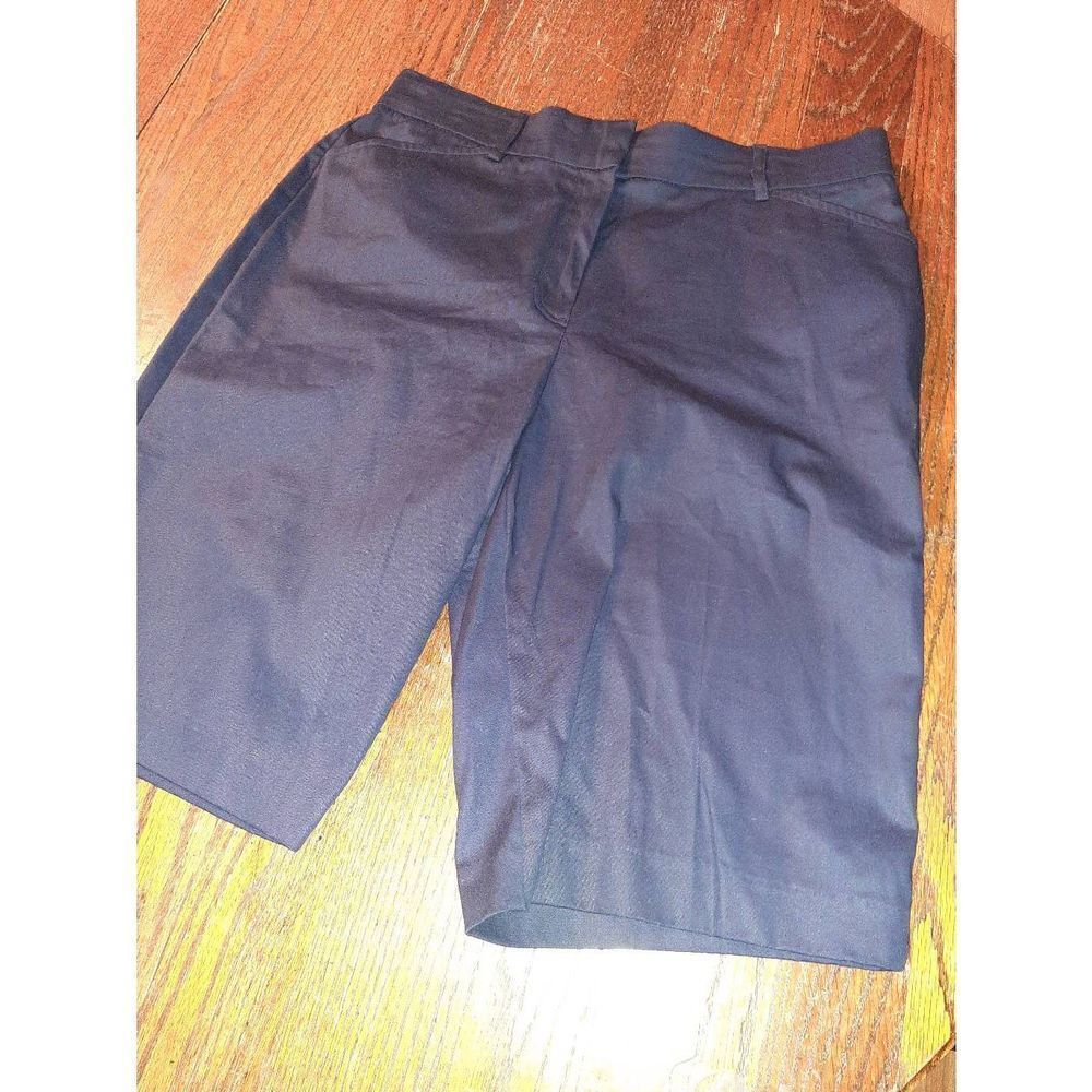Size 14 Kim Rogers Navy Blue High Rise Flat Front Bermuda Length Long Shorts